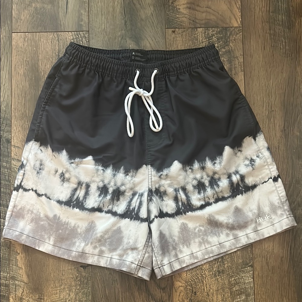 Huk Fishing Black and Gray Board Shorts with Tie-Dye Design